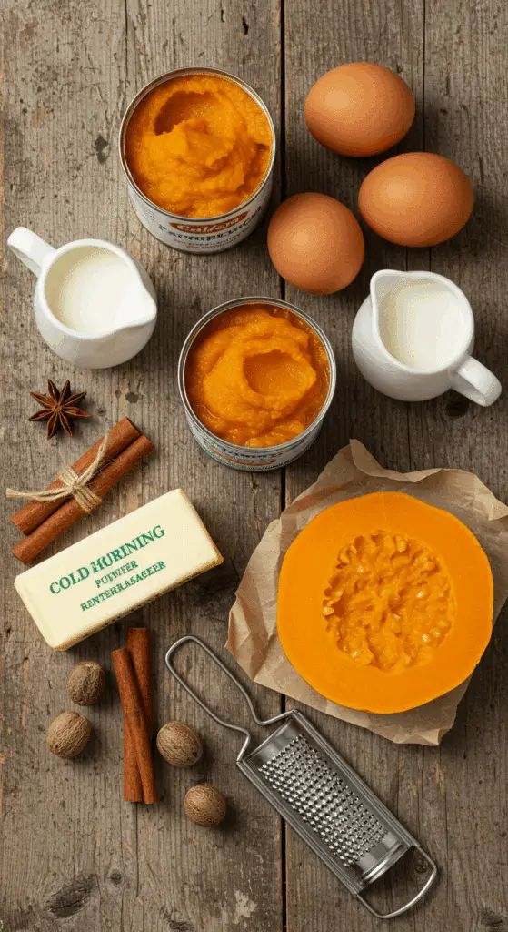 The classic, from-scratch ingredients for the homemade Pumpkin Pie recipe.