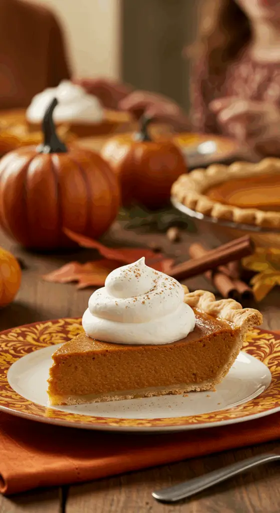 A perfect slice of homemade Pumpkin Pie with a large swirl of whipped cream being served for a holiday dessert.