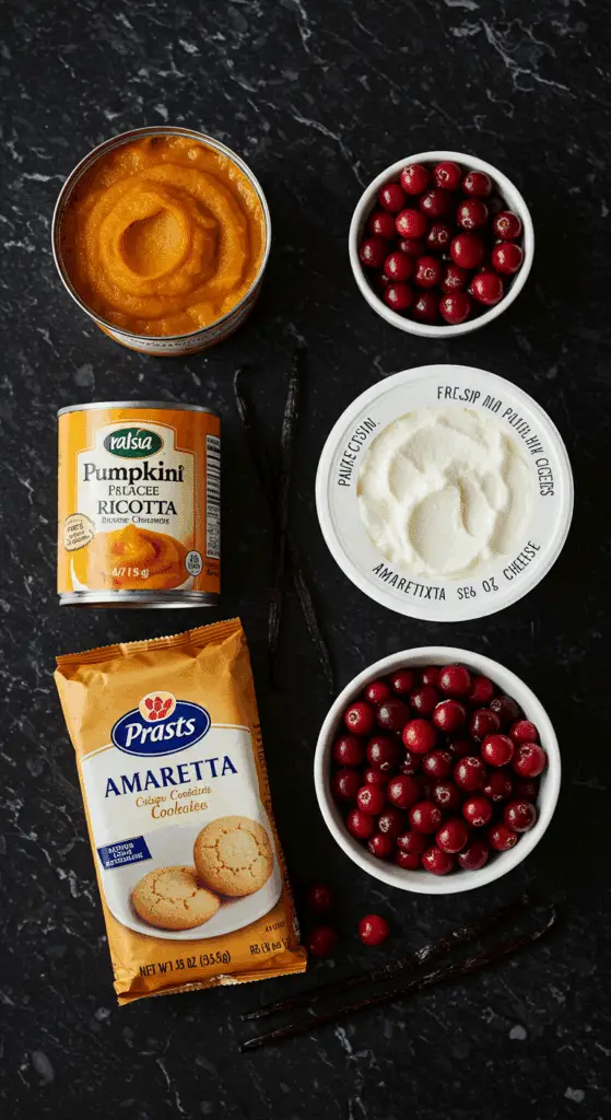 The elegant, from-scratch ingredients for the Pumpkin-Ricotta Cheesecake with amaretti crust and cranberry topping.