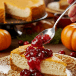 A beautiful slice of Pumpkin-Ricotta Cheesecake being topped with a fresh cranberry sauce at a holiday dinner.