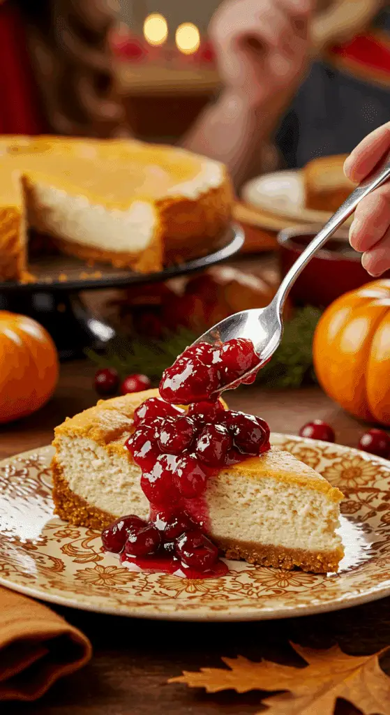 A beautiful slice of Pumpkin-Ricotta Cheesecake being topped with a fresh cranberry sauce at a holiday dinner.