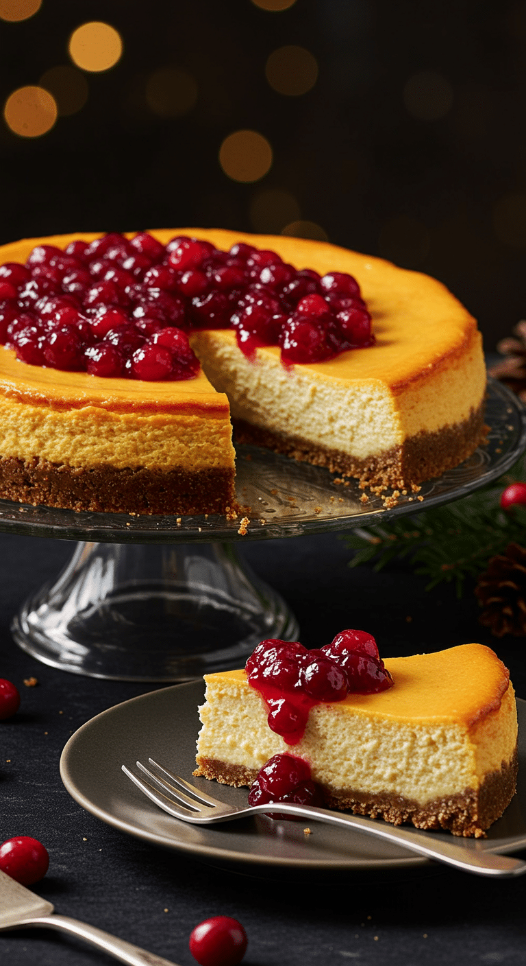 A beautiful, elegant, homemade Pumpkin-Ricotta Cheesecake on a cake stand with a slice removed, topped with a vibrant cranberry sauce.