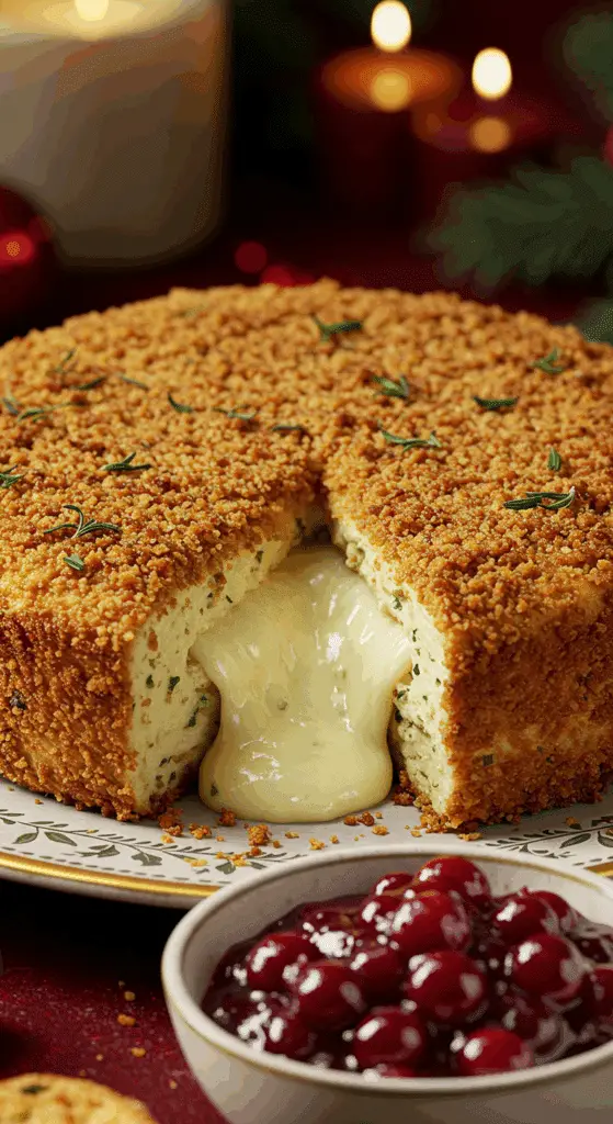 A beautiful, crispy, golden-brown Baked Boursin appetizer, cut open to show the molten cheese center.