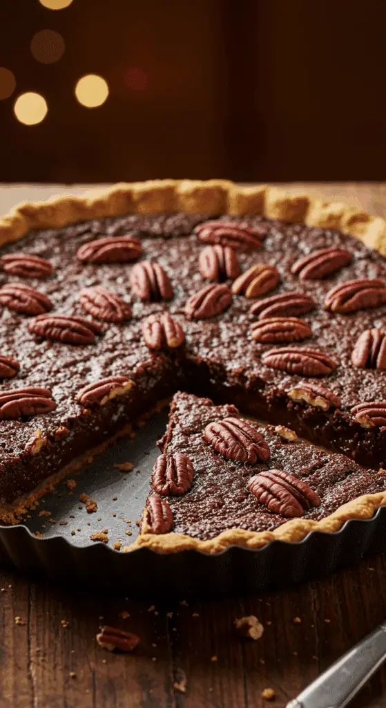 A beautiful, glossy, homemade Chocolate Bourbon Pecan Pie with a flaky crust and a perfect slice removed to show the fudgy chocolate filling.