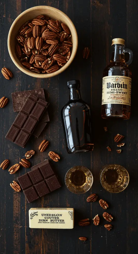 The rich, from-scratch ingredients for the decadent Chocolate Bourbon Pecan Pie recipe.