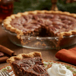 A perfect slice of homemade Chocolate Bourbon Pecan Pie with a dollop of whipped cream being served for a holiday dessert.