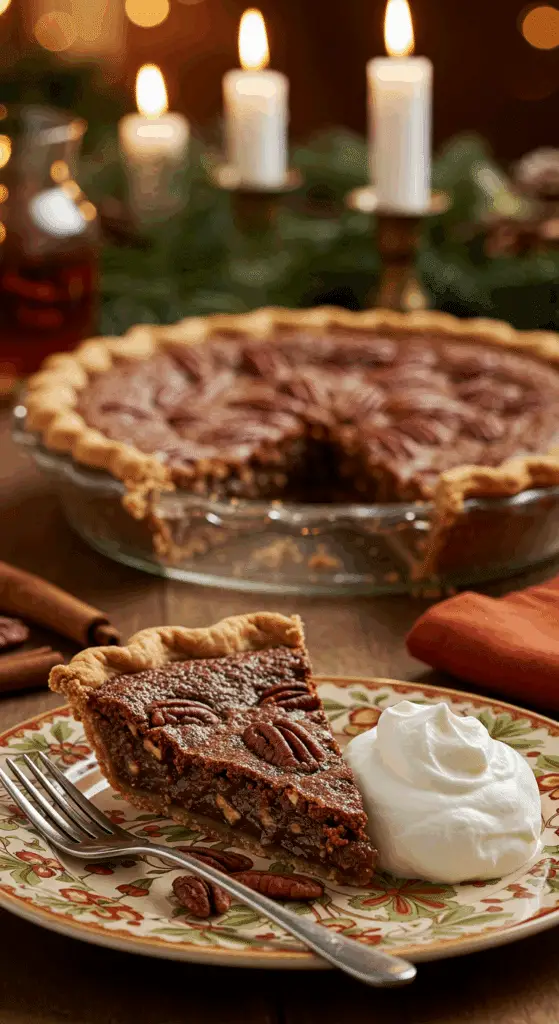 A perfect slice of homemade Chocolate Bourbon Pecan Pie with a dollop of whipped cream being served for a holiday dessert.