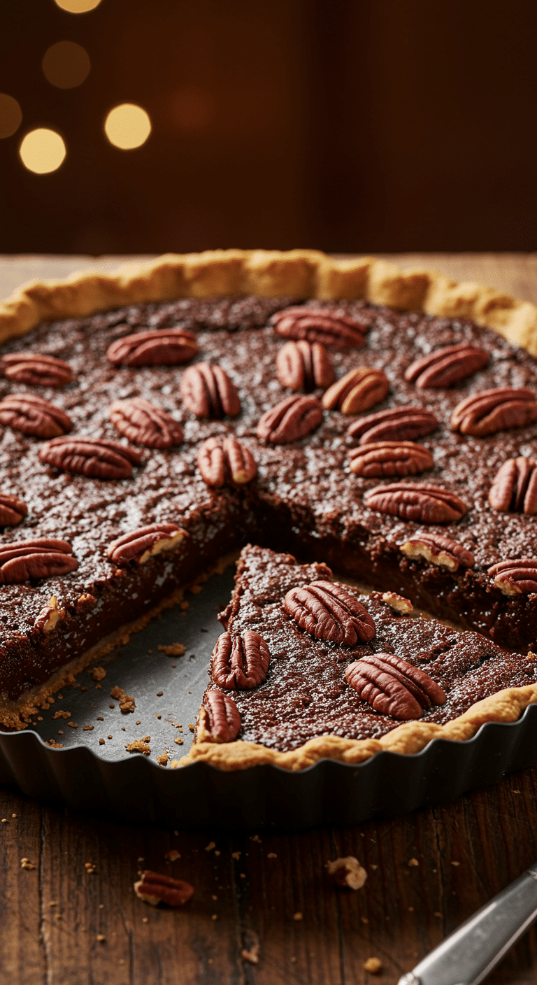 A beautiful, glossy, homemade Chocolate Bourbon Pecan Pie with a flaky crust and a perfect slice removed to show the fudgy chocolate filling.