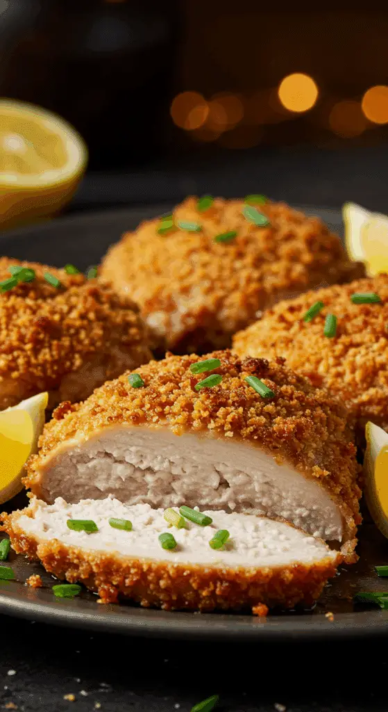 A beautiful platter of homemade, crispy, golden-brown Baked Deviled Chicken Thighs, with one sliced to show the juicy interior.