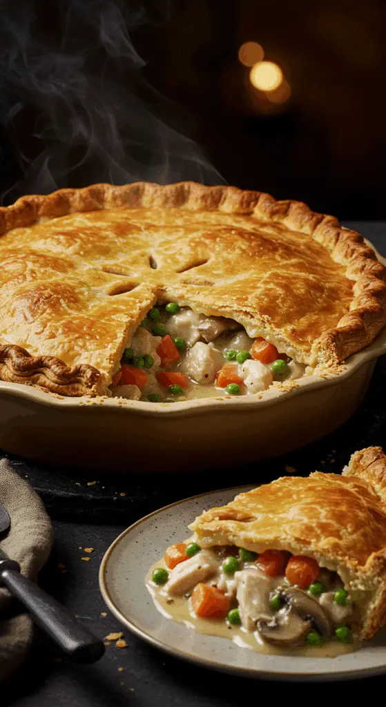 A beautiful, golden-brown homemade Double Crust Chicken Pot Pie with a flaky crust and a perfect, creamy slice removed.