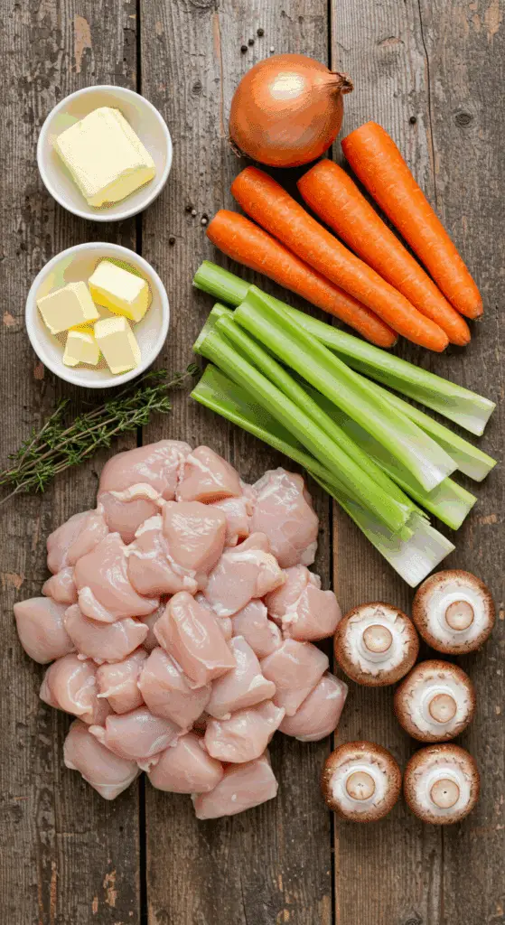 The fresh, from-scratch ingredients for the classic homemade Chicken Pot Pie recipe.