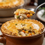 A cozy bowl of homemade Chicken Pot Pie with a spoon breaking through the flaky top crust to reveal the creamy filling.