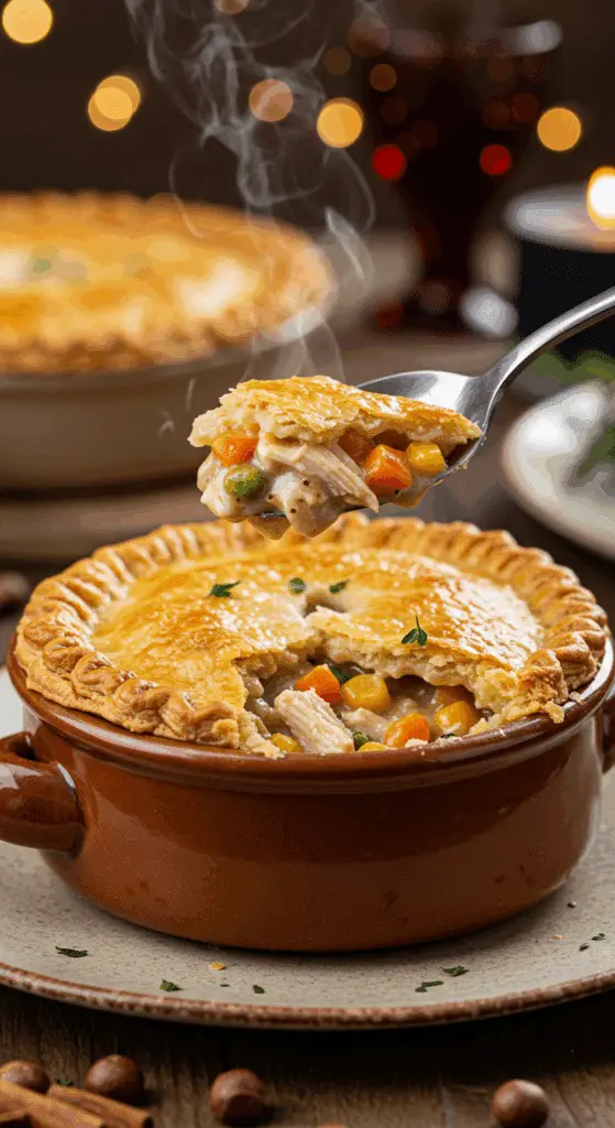 A cozy bowl of homemade Chicken Pot Pie with a spoon breaking through the flaky top crust to reveal the creamy filling.