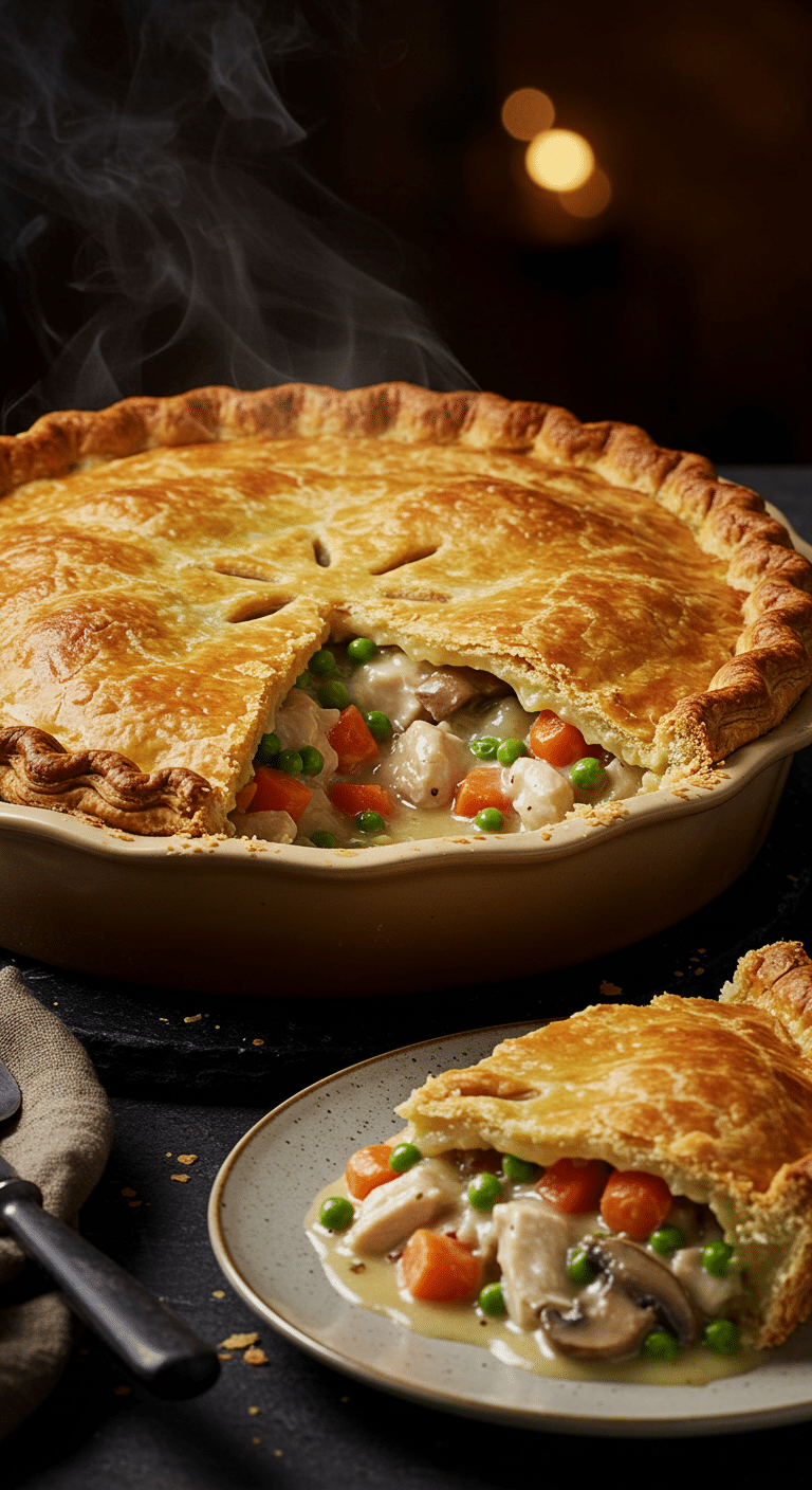A beautiful, golden-brown homemade Double Crust Chicken Pot Pie with a flaky crust and a perfect, creamy slice removed.