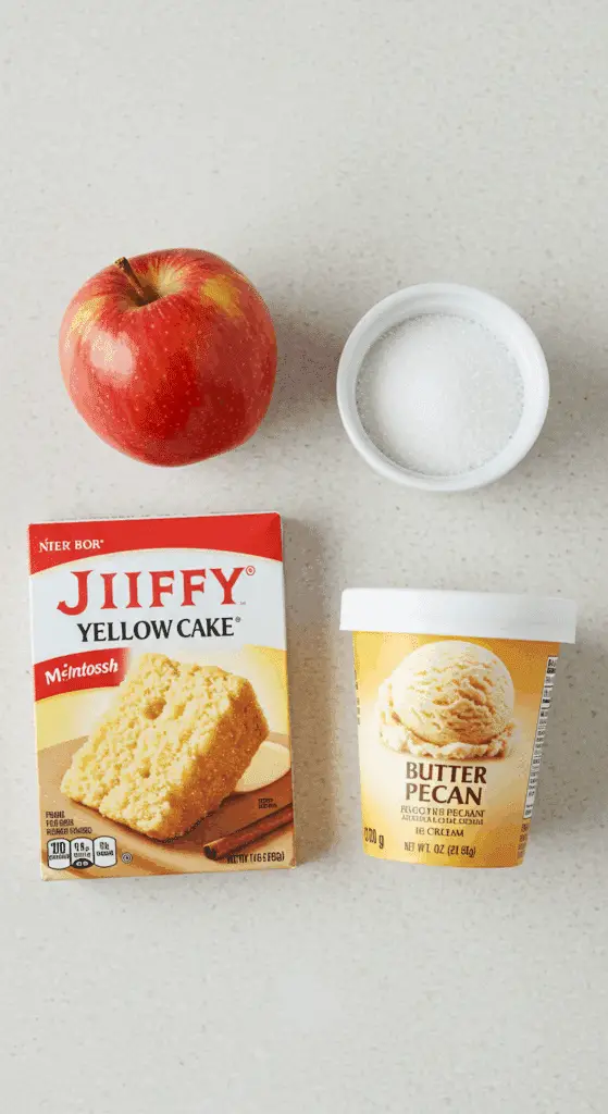 The simple, convenient ingredients for the Easy Apple Cake recipe using a cake mix