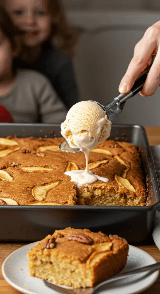 Serving a warm square of the homemade Easy Apple Cake with a large scoop of butter pecan ice cream.