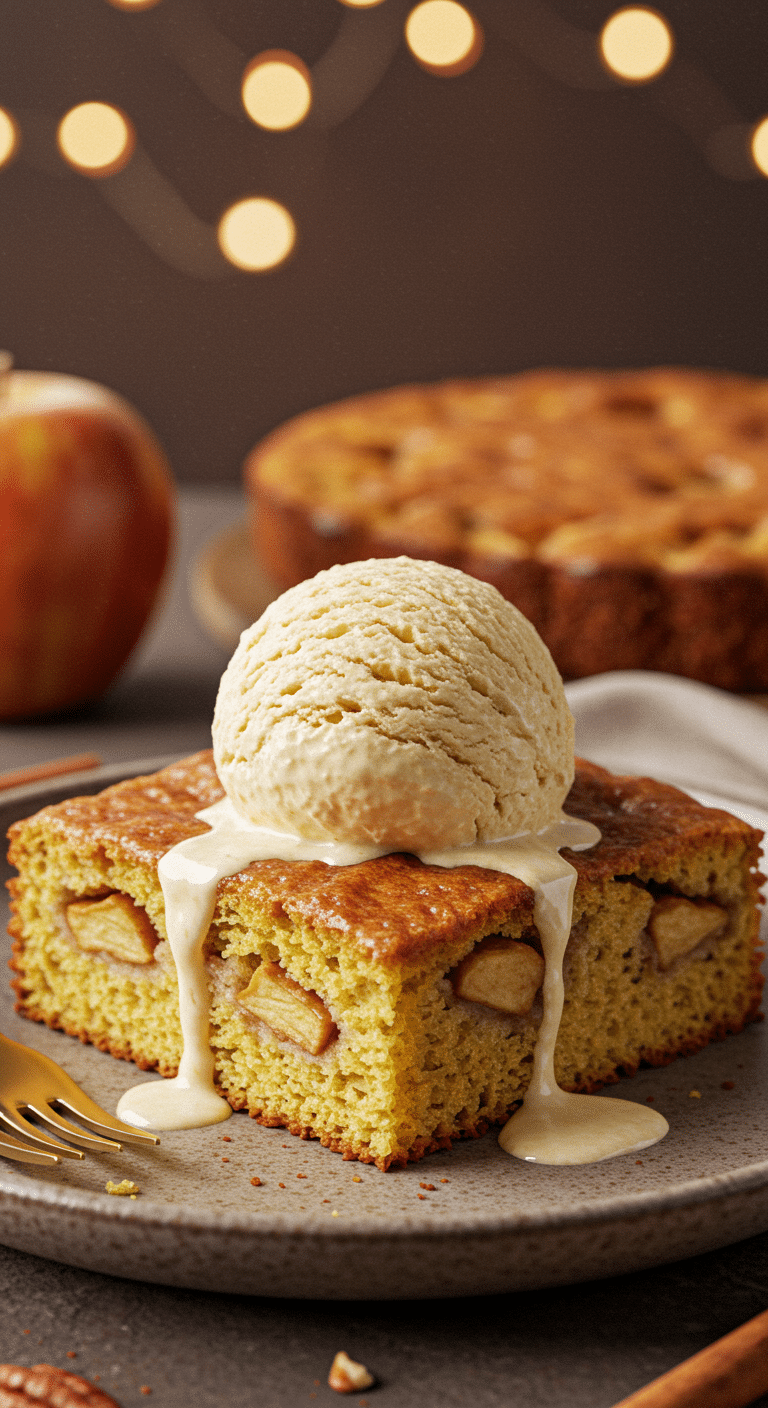 A beautiful, moist square slice of homemade Easy Apple Cake with a scoop of melting butter pecan ice cream on the side.