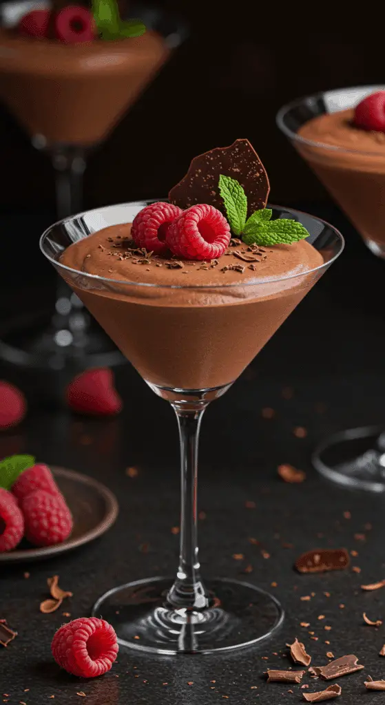 A beautiful, elegant martini glass of homemade, light and airy, from-scratch Chocolate Mousse, garnished with a fresh raspberry.