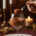 An elegant glass of homemade Chocolate Mousse being served as dessert at a festive dinner party.