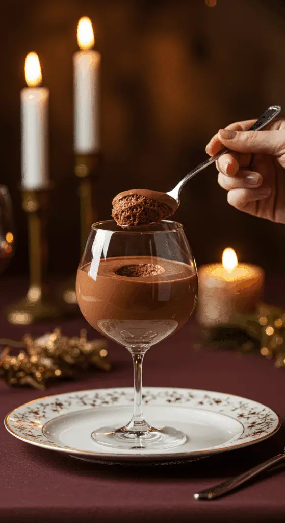 An elegant glass of homemade Chocolate Mousse being served as dessert at a festive dinner party.