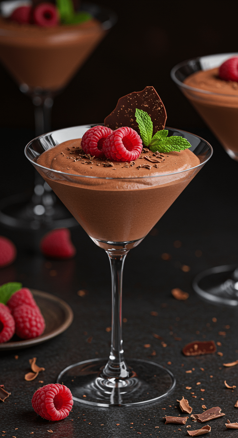 A beautiful, elegant martini glass of homemade, light and airy, from-scratch Chocolate Mousse, garnished with a fresh raspberry.