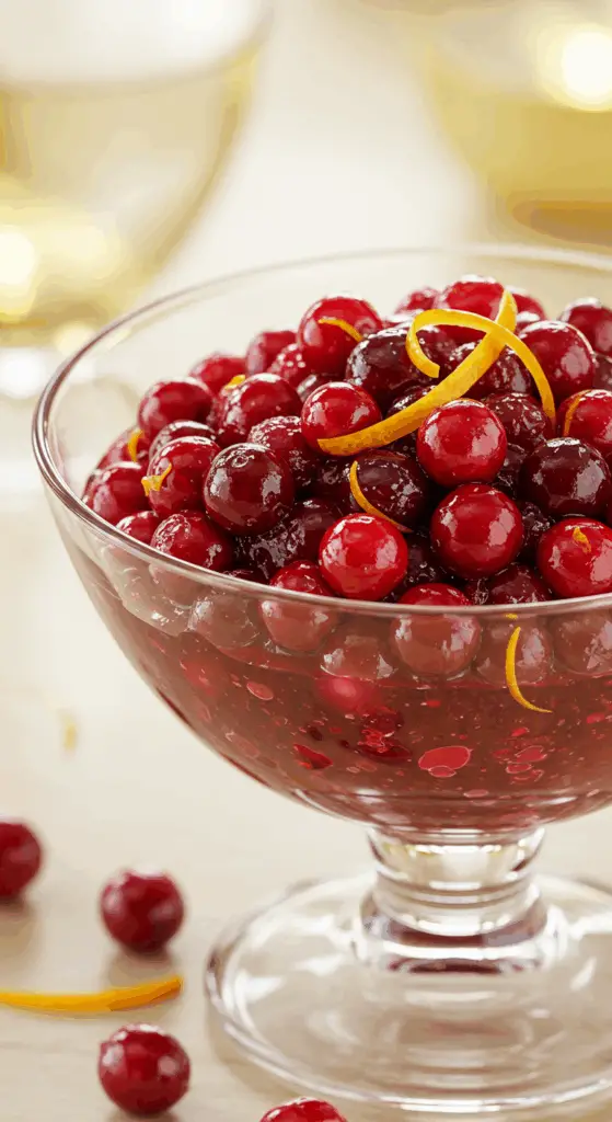 A beautiful bowl of homemade, vibrant, ruby-red Cranberry-Orange Sauce with a festive garnish.