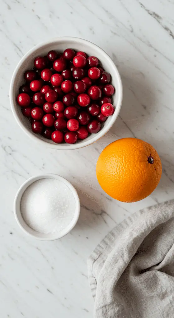 The simple, fresh ingredients for the homemade Cranberry-Orange Sauce recipe.