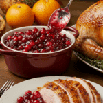 A bowl of homemade Cranberry-Orange Sauce being served as part of a beautiful Thanksgiving dinner.