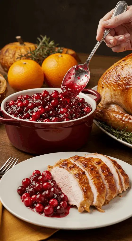 A bowl of homemade Cranberry-Orange Sauce being served as part of a beautiful Thanksgiving dinner.