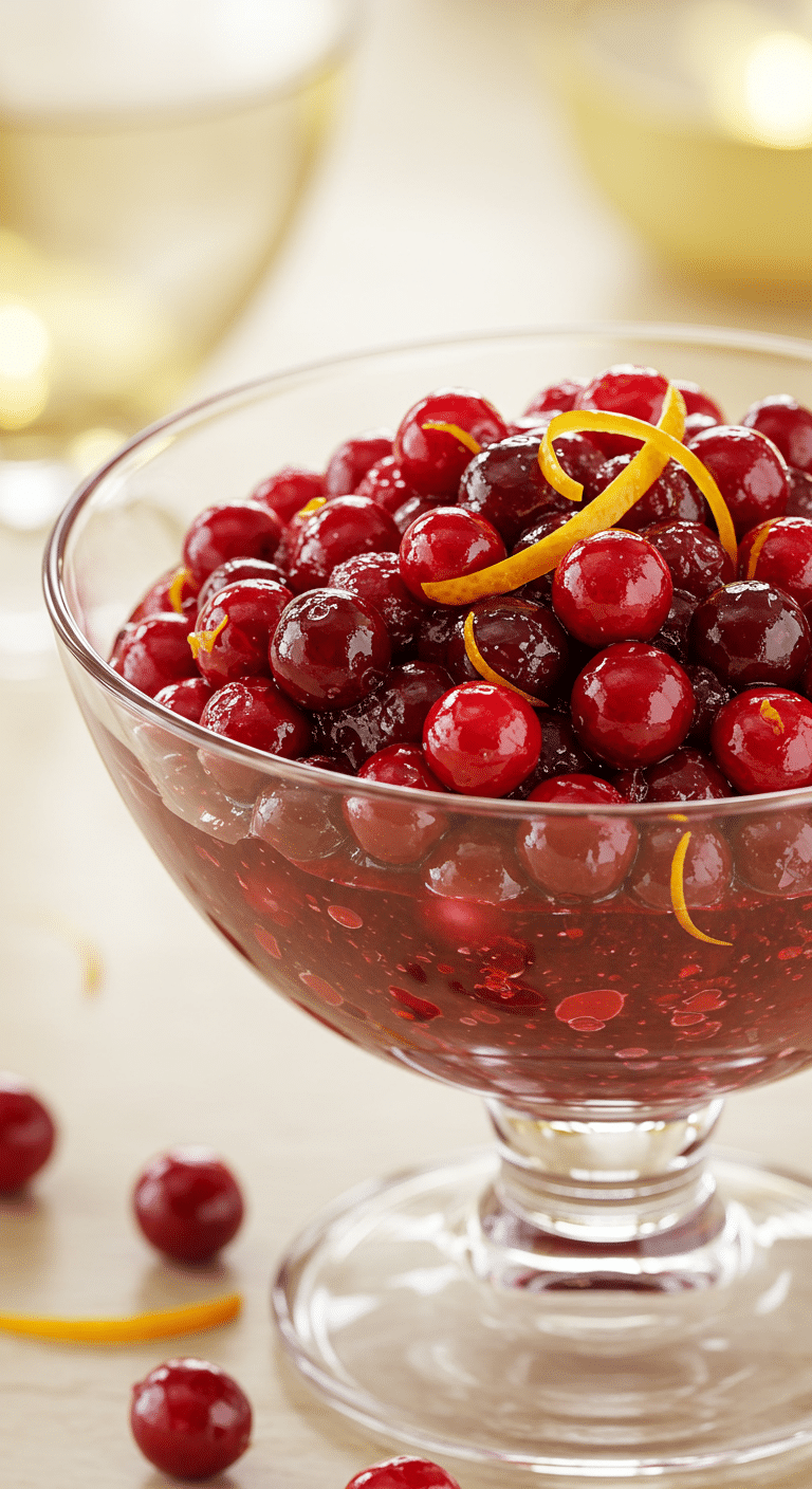 A beautiful bowl of homemade, vibrant, ruby-red Cranberry-Orange Sauce with a festive garnish.