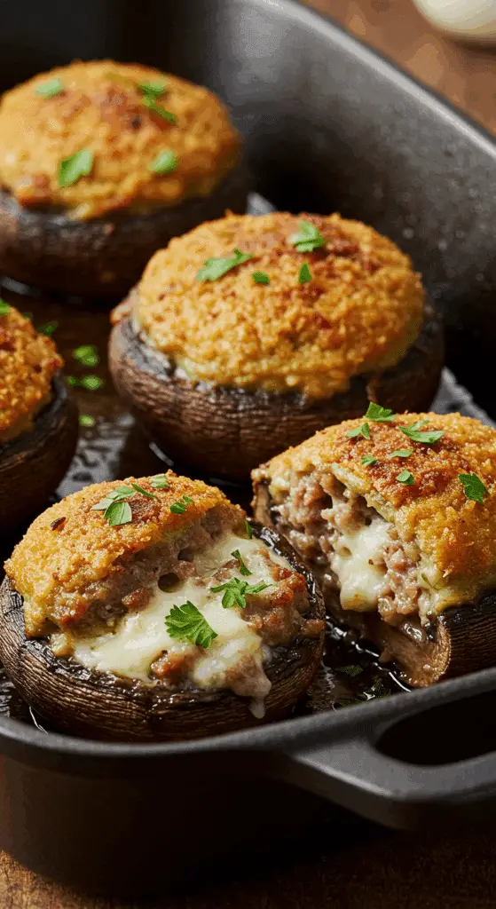 A beautiful dish of golden-brown, homemade Sausage-Stuffed Mushrooms with a creamy sausage and cheese filling.