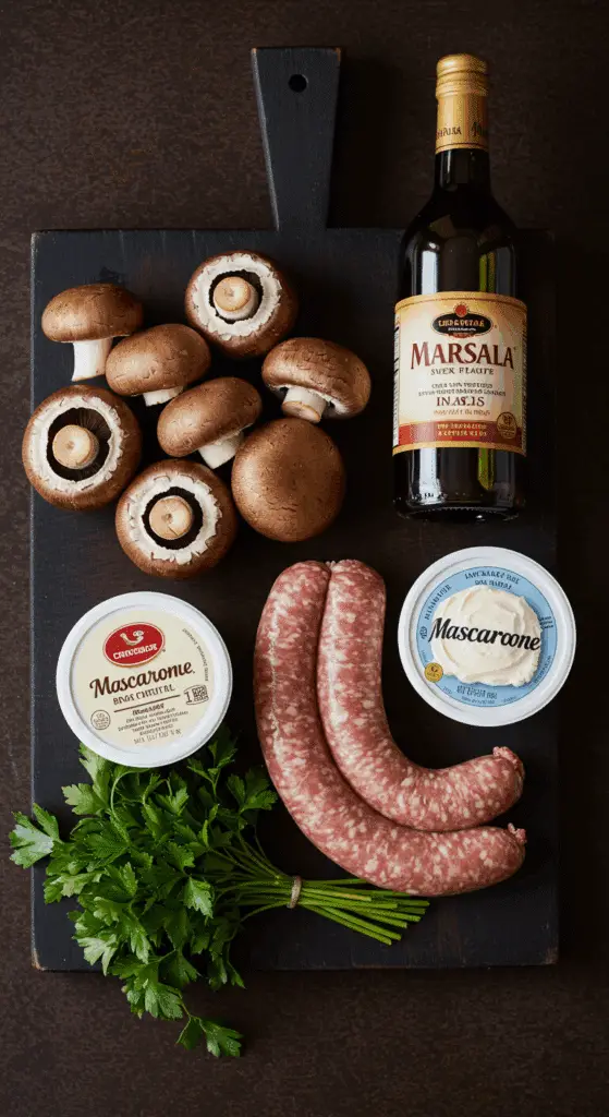 The fresh, rustic ingredients for the classic, creamy Sausage-Stuffed Mushrooms recipe.