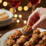 A platter of hot, delicious Sausage-Stuffed Mushrooms being served at a festive party.