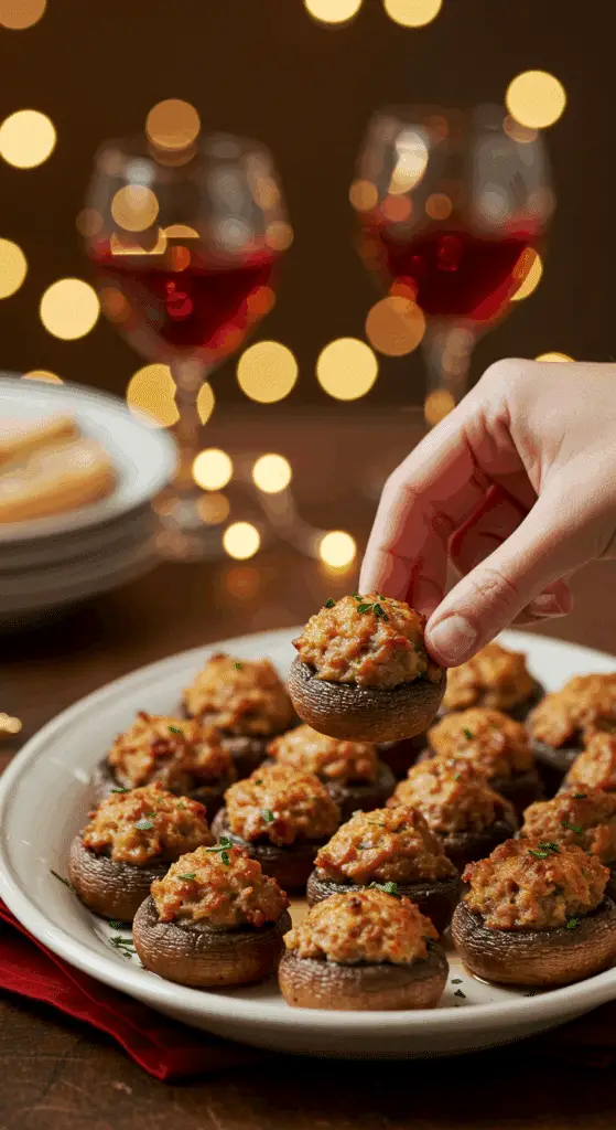 A platter of hot, delicious Sausage-Stuffed Mushrooms being served at a festive party.
