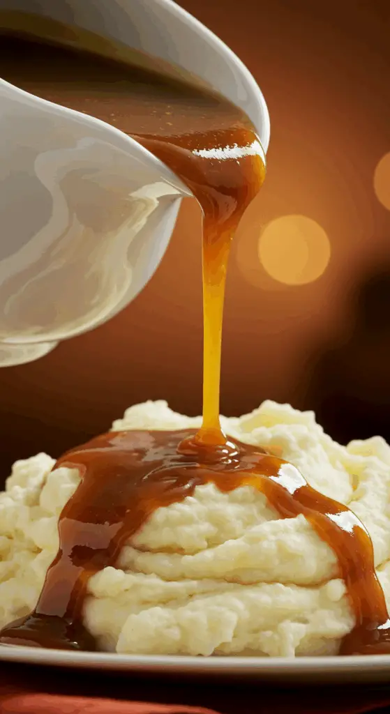A beautiful gravy boat pouring rich, dark brown, homemade Thanksgiving Gravy onto a pile of mashed potatoes.