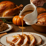 A hand pouring a generous amount of homemade Thanksgiving Gravy over sliced turkey at a festive dinner.