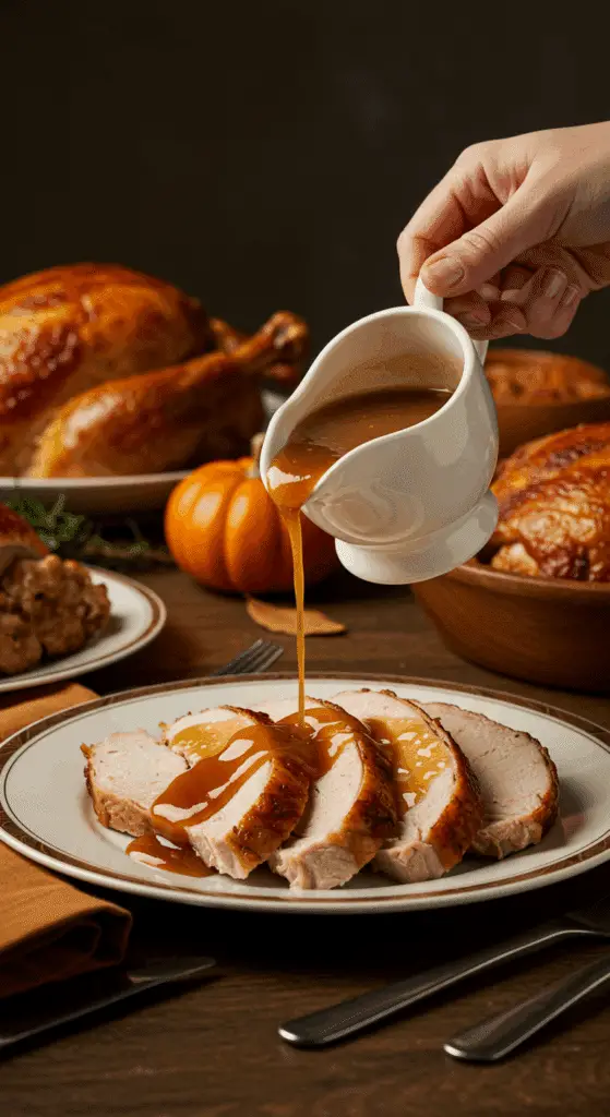 A hand pouring a generous amount of homemade Thanksgiving Gravy over sliced turkey at a festive dinner.