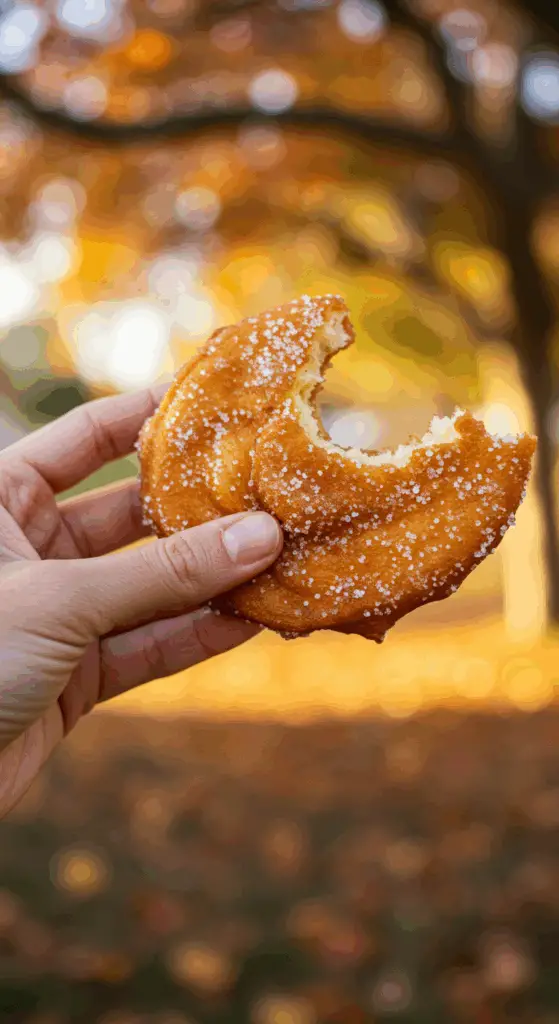 A hand holding a warm, fresh, sugar-dusted homemade Apple Fritter at a fall festival.