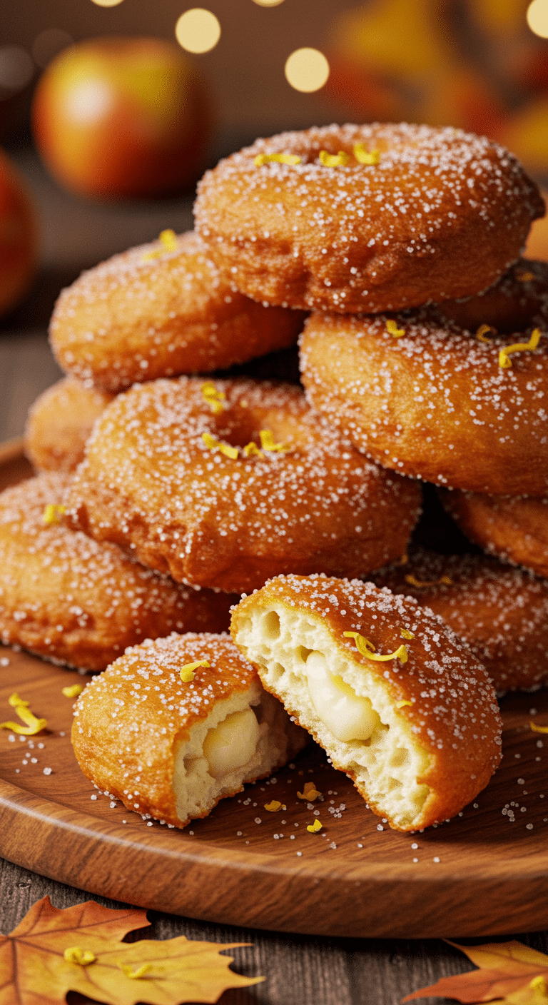 A beautiful, rustic platter of crispy, golden-brown homemade Apple Fritters, with one broken to show the apple inside.