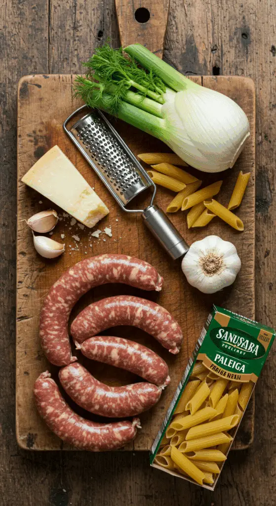 The fresh, from-scratch ingredients for the classic, creamy Sausage and Fennel Pasta recipe.
