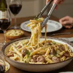 A large bowl of homemade Creamy Sausage and Fennel Pasta being served for a beautiful family dinner.