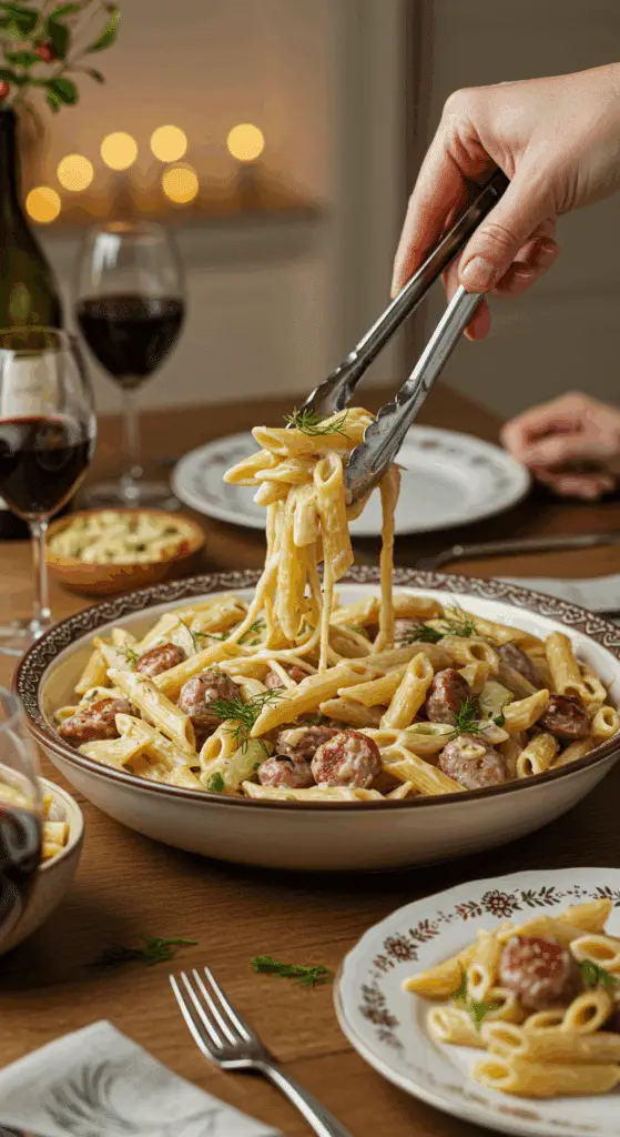 A large bowl of homemade Creamy Sausage and Fennel Pasta being served for a beautiful family dinner.
