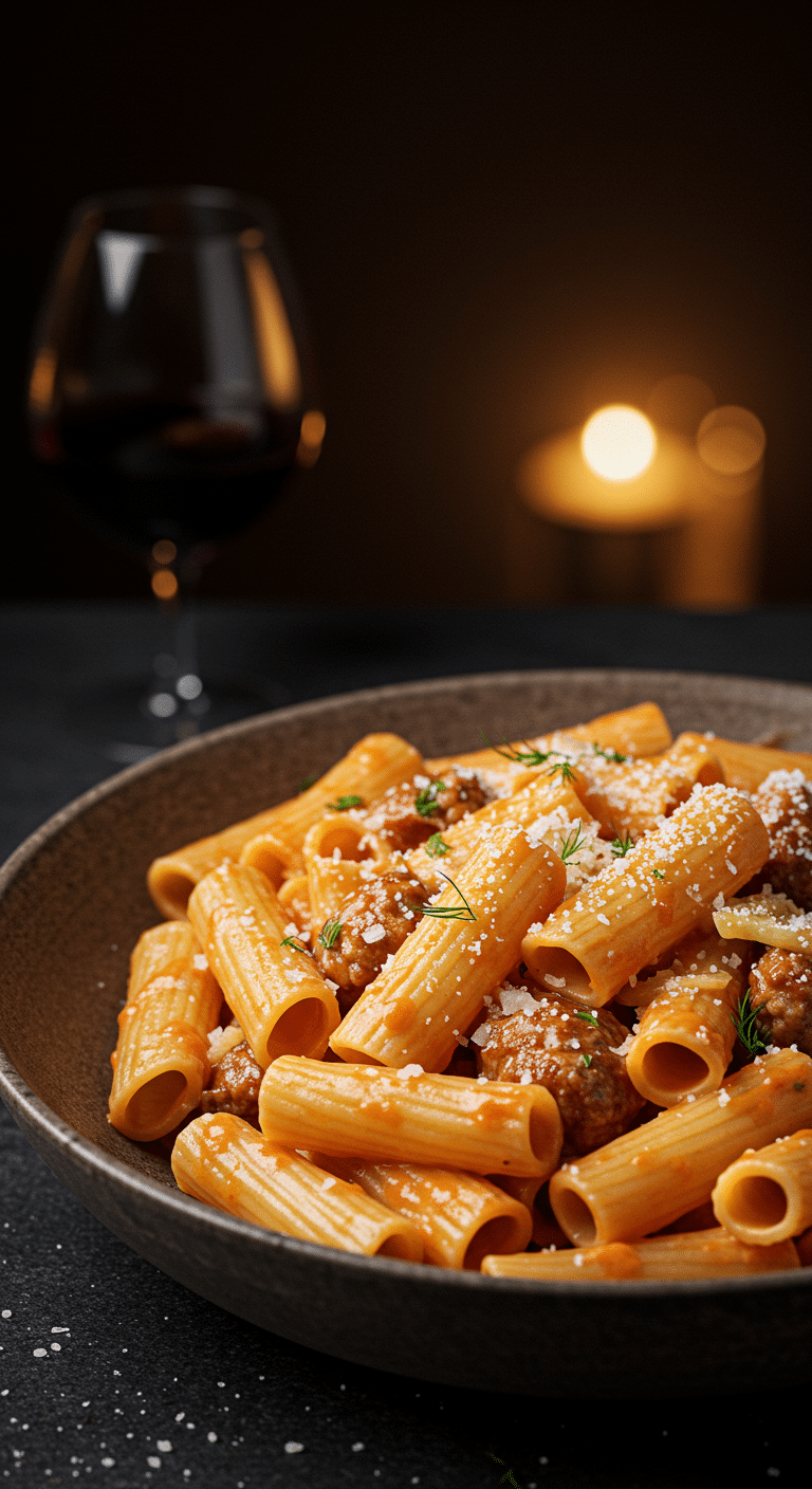 A beautiful, rustic bowl of homemade, creamy Rigatoni with Sausage and Fennel in a rosy-pink cream sauce.