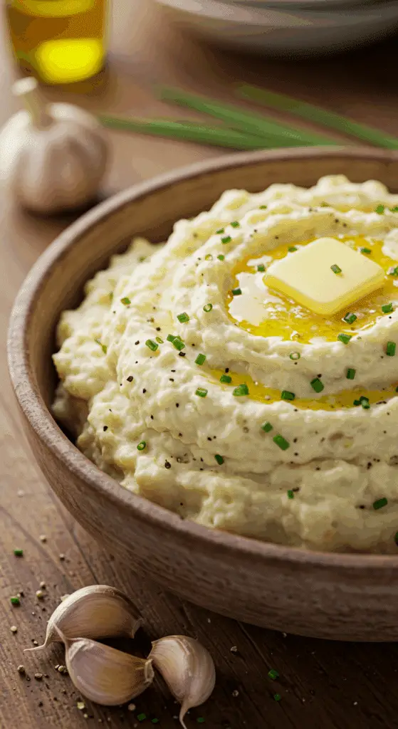 A large, rustic bowl of fluffy and creamy, homemade Garlic Mashed Potatoes with a pat of melting butter on top.