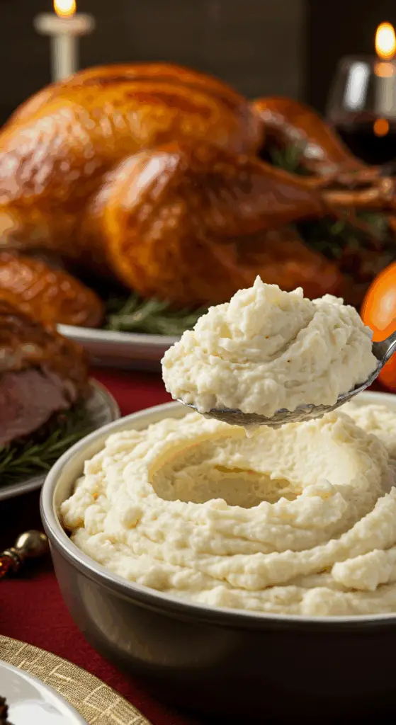 A large, beautiful bowl of Creamy Garlic Mashed Potatoes being served as a side dish at a festive holiday dinner.