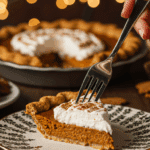 A beautiful slice of homemade Ginger Snap Pumpkin Pie with ginger cream being served for a holiday dessert.
