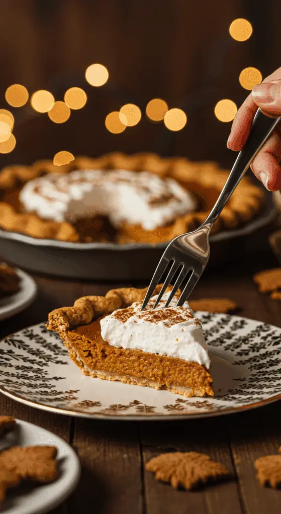 A beautiful slice of homemade Ginger Snap Pumpkin Pie with ginger cream being served for a holiday dessert.