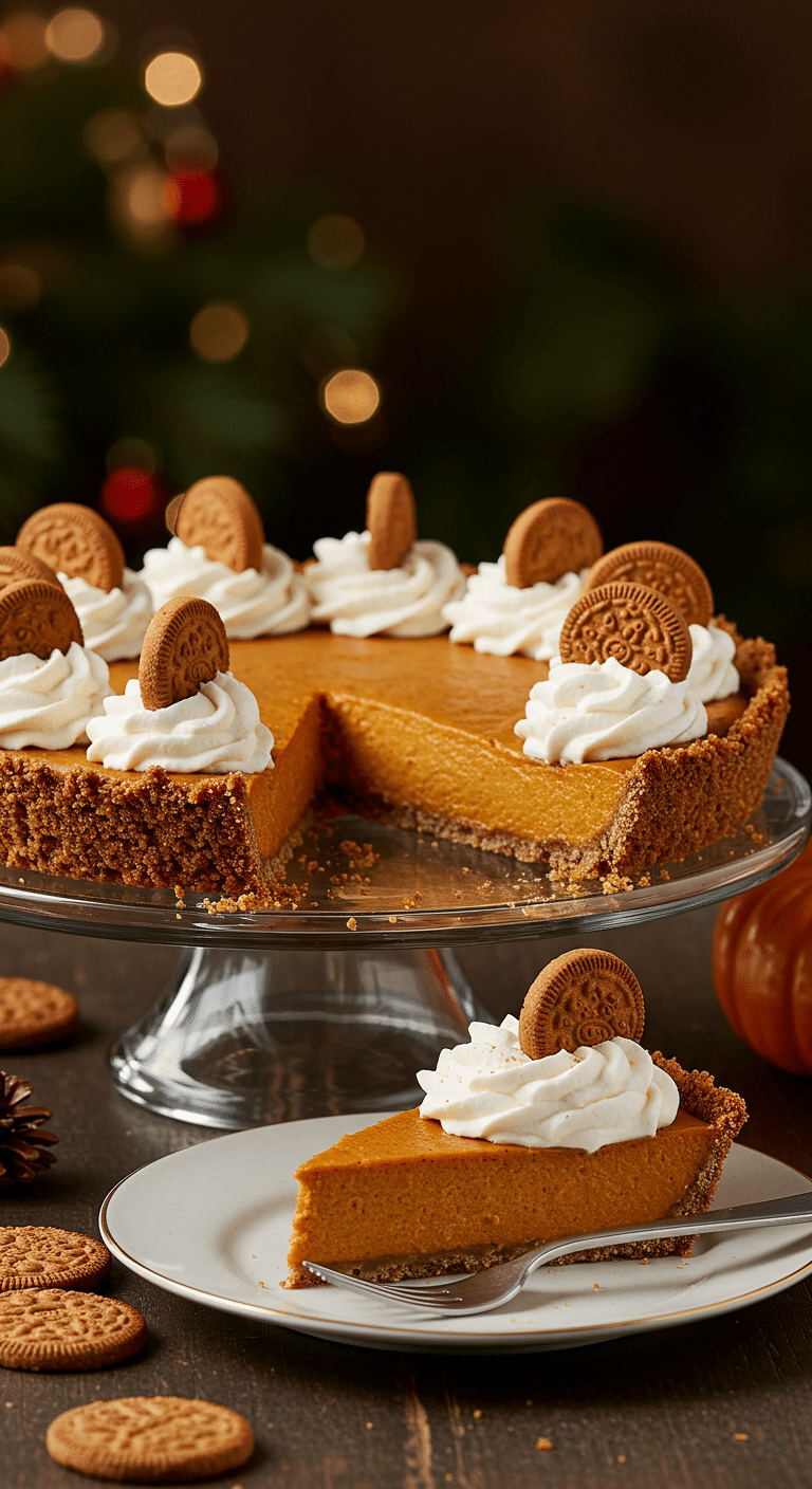 A beautiful, elegant, homemade Ginger Snap Pumpkin Pie on a cake stand with a perfect slice removed and a ginger cream topping.