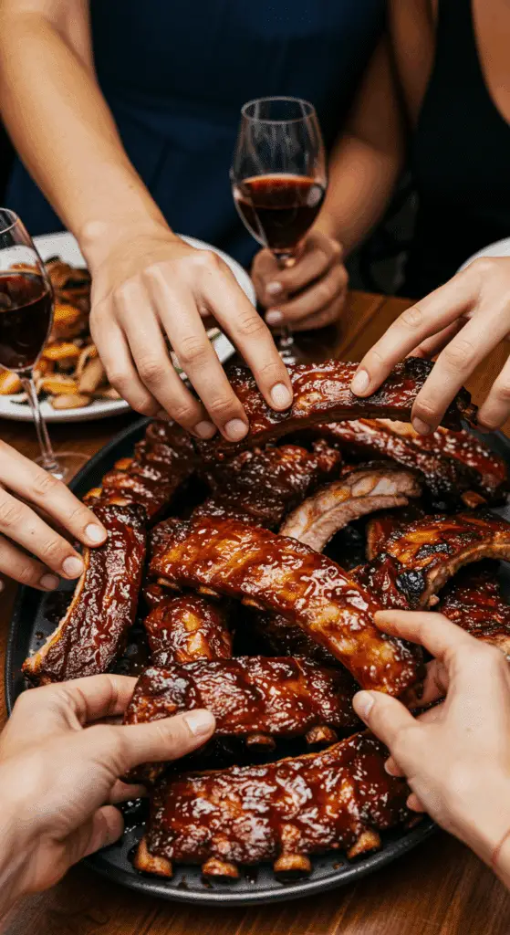 A group of happy friends sharing a large platter of sticky, fall-off-the-bone Oven-Baked Baby Back Ribs.