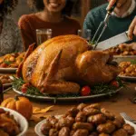 The beautiful, finished roasted turkey as the centerpiece of a happy Thanksgiving dinner table.